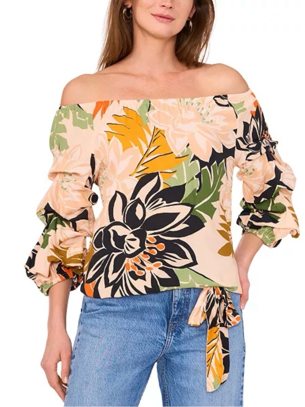 Vince Camuto NWT Floral Off-The-Shoulder Bubble 3/4-Sleeve Tie-Front Blouse XS